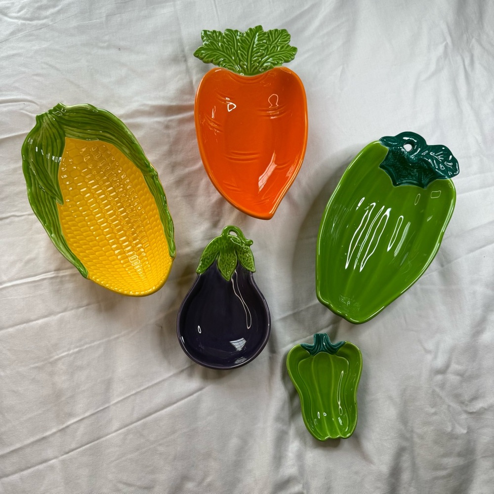 Source Unknown Vegetable Shaped Ceramic Bowls - Green, Orange, Yellow, Purple